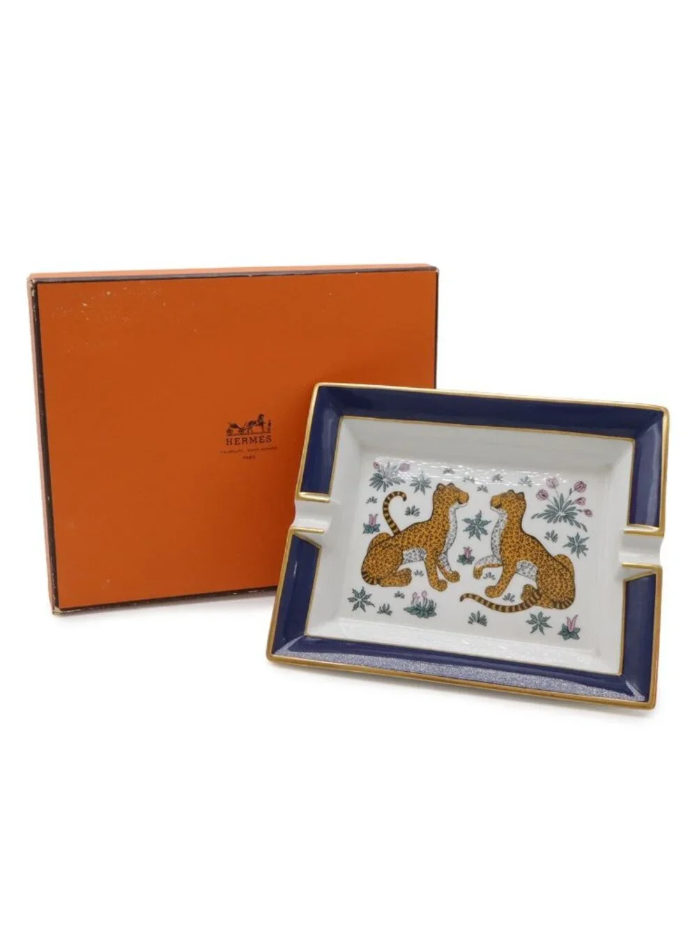 Hermes Ashtray Tray Case Panthere Leopard Print Animal Ceramic White Navy Gold